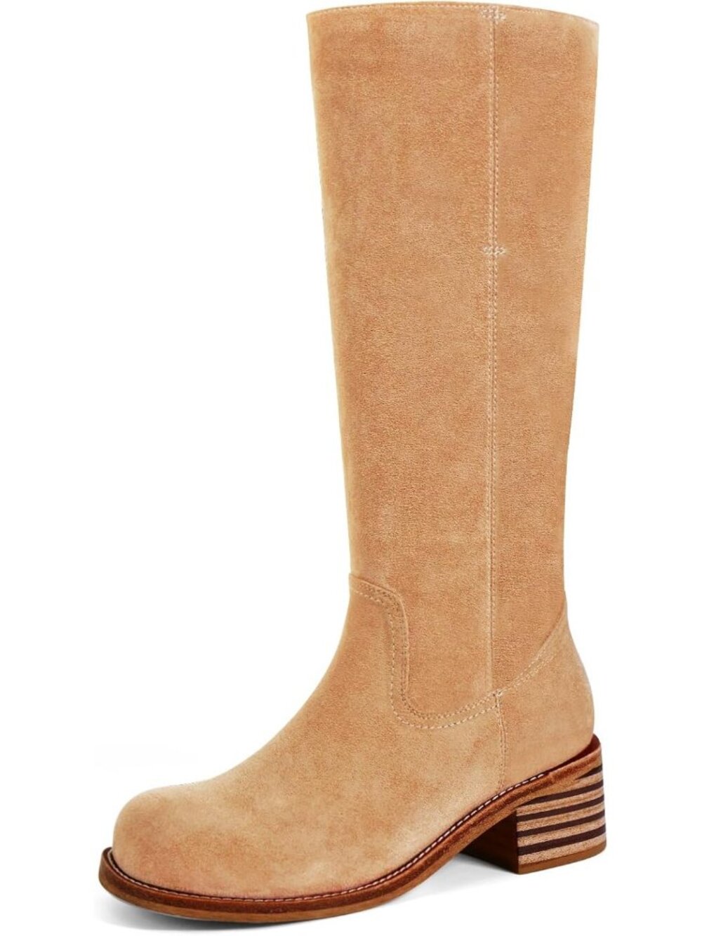 Women's Apricot Low Heel Square Toe Solid Chunky Block Heel Long Knee High Boot